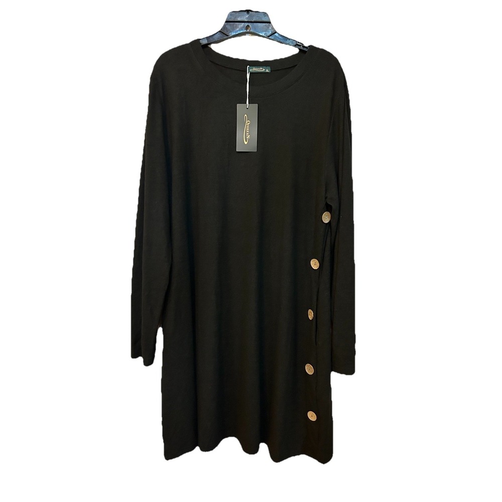 OFEEFAN Womens Black Long Sleeve Dress Pockets Buttons Left Side Size XL  NWT‎